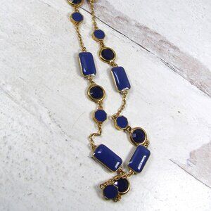 Kate Spade Blue Enamel Link Long Necklace with Bag Gold Tone multi Shape Station